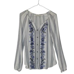 Jolt White Blue Striped Embroidered Floral Peasant Blouse Top Women's Medium